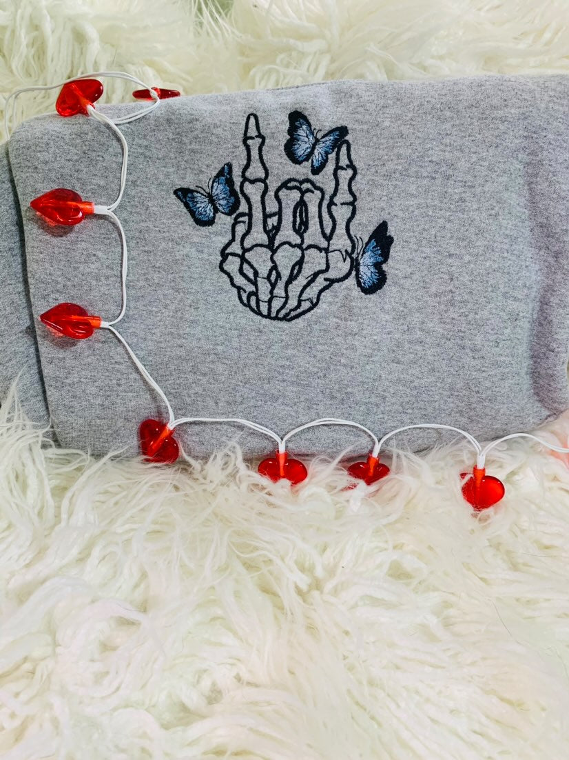 Butterflies with Skeleton Hand Crewneck | Embroidery